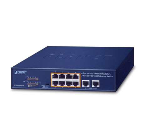 PLANET Gigabit preklopnik (Switch) 10" 10-port 10/100/1000Mbps sa 8-port IEEE 802.3at PoE+ Injector, 1U desktop/rack mountable (120W)