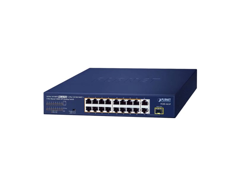 PLANET PoE preklopnik (Switch) 16-port 10/100Mbps + 2-porta 10/100/1000T + 1-port djeljivi 1000X SFP, rackmount kit
