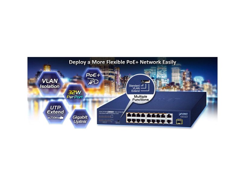 PLANET PoE preklopnik (Switch) 16-port 10/100Mbps + 2-porta 10/100/1000T + 1-port djeljivi 1000X SFP, rackmount kit
