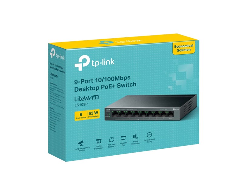 TP-Link 9-port Desktop preklopnik (Switch),9×10/100M RJ45 ports, 63W PoE, 8x port PoE+, do 250m PoE prijenos, Plug&play, metalno kućište