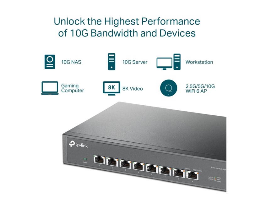 TP-Link 8-Port Multi-gigabit 10G preklopnik (Switch), 8×10G, desktop/rackmount 13" kućište