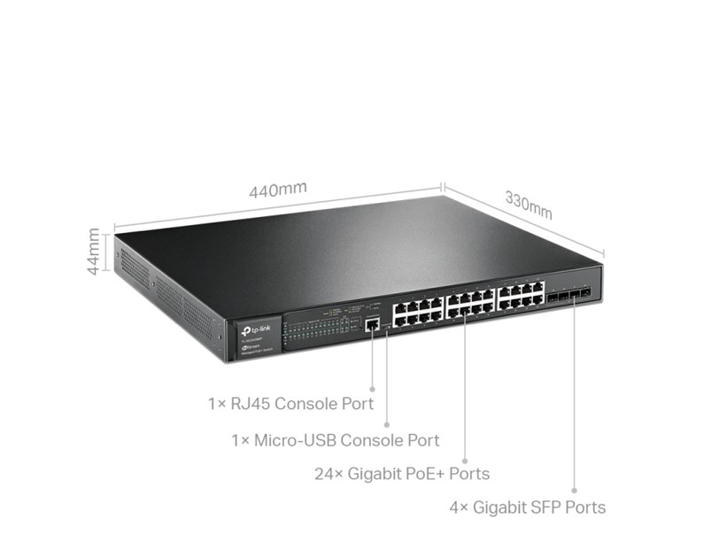 TP-Link Omada JetStream 28-port Gigabit L2+ upravljiv PoE+ preklopnik (Switch), 24×10/100/1000M RJ45 ports, 4×Gbit SFP, RJ45/Micro-USB Console port, 1U 19" rack mount (384W)