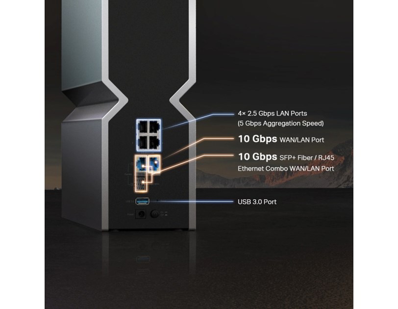 TP-Link BE1900 bežični usmjerivač (Tri-Band Router Wi-Fi 7), 1376Mbps/5760Mbps/11520Mbps (2.4GHz/5GHz/6GHz), 4×4 MU-MIMO, 802.11be, 1×10G WLAN , 4×2.5G LAN, 1×10G SFP+/RJ4, USB3.0, 8×antene