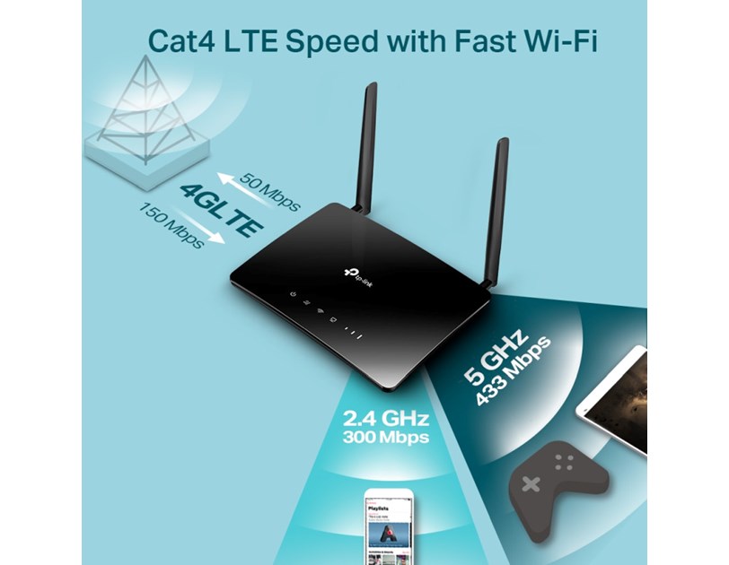 TP-Link AC750 Archer MR200 bežični usmjerivač, Dual-Band 4G LTE, 300Mbps/433Mbps (2.4GHz/5GHz), 802.11a/b/g/n/ac, 1×WAN, 3×LAN, utor za SIM karticu, 2×odvojive antene 
