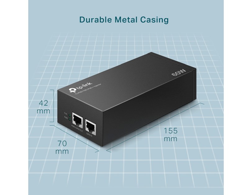 TP-Link PoE++ Injector Adapter, 1×Gbit PoE Port, 1×Gbit Non-PoE Port, 802.3at/af/bt, Data+Power po istom kablu do 100m, metalno kućište