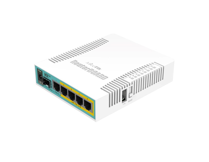 Mikrotik RB960PGS, hEX PoE, 800MHz CPU, 128MB RAM, 5×Gigabit LAN, (4×PoE izlaz), SFP, USB, RouterOS L4, plastično kućište, PSU