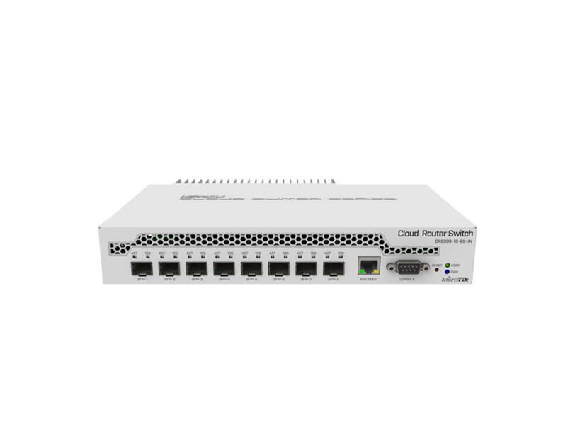 Mikrotik Cloud Router Switch CRS309-1G-8S+IN, Dual core 800MHz CPU, 512MB RAM, 1×GLAN, 8×SFP+ cages, RouterOS, L5 or SwitchOS (dual boot), pasivno desktop kućište, rackmount ears, PSU