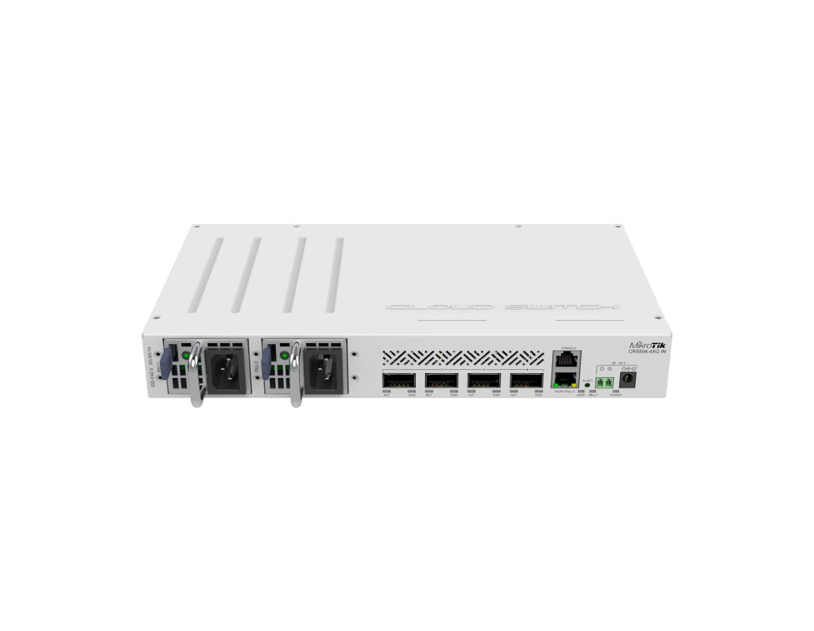 Mikrotik Cloud Router Switch 504-4XQ-IN, QCA9531 650 MHz CPU, 16×25G, 64MB RAM, 4×100G QSFP28 ports, 1×100Mbit manage port, RouterOS L5, desktop kućište, rackmount , dual hot-swap PSU