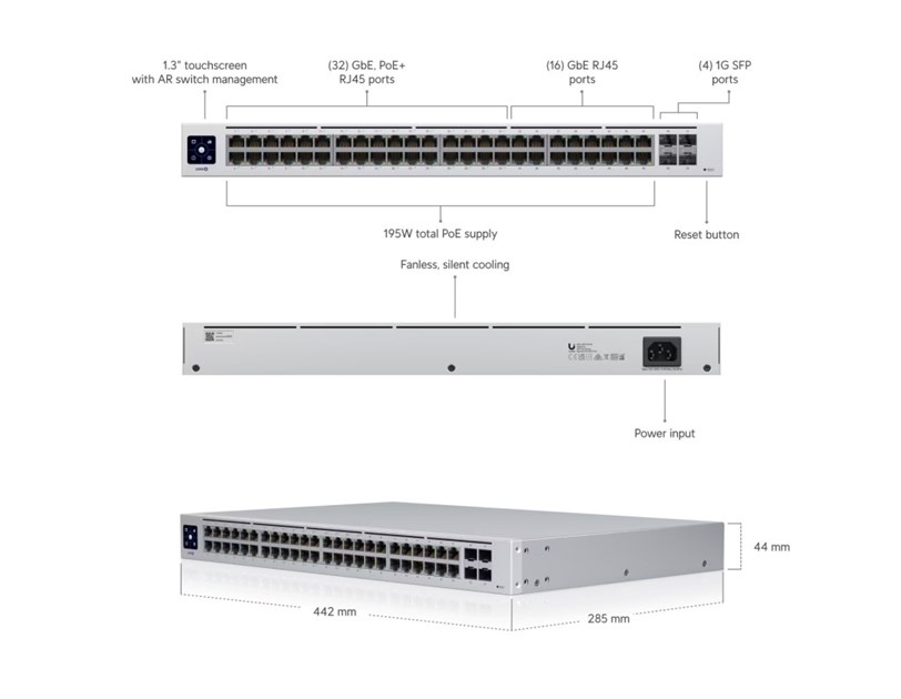 Ubiquiti UniFi Managed 48-port Gigabit Switch (32-port PoE+), 4×SFP, Touchscreen LCD, Rackmount, 195W (USW-48-PoE)