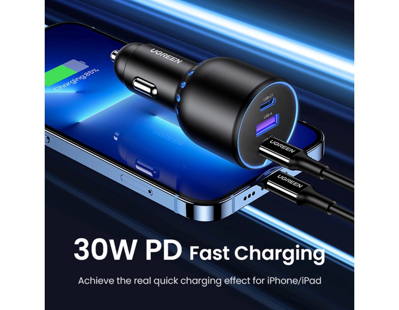 UGREEN auto punjač, 130W, 2x USB-C, USB-A, PD, QC 4.0, sivi
