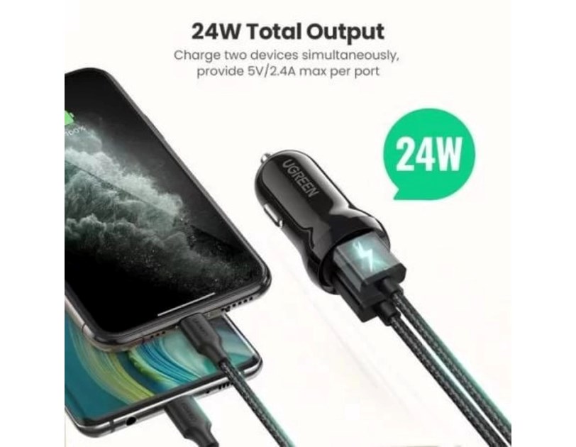 UGREEN auto punjač 24W, 2×USB-A, crni