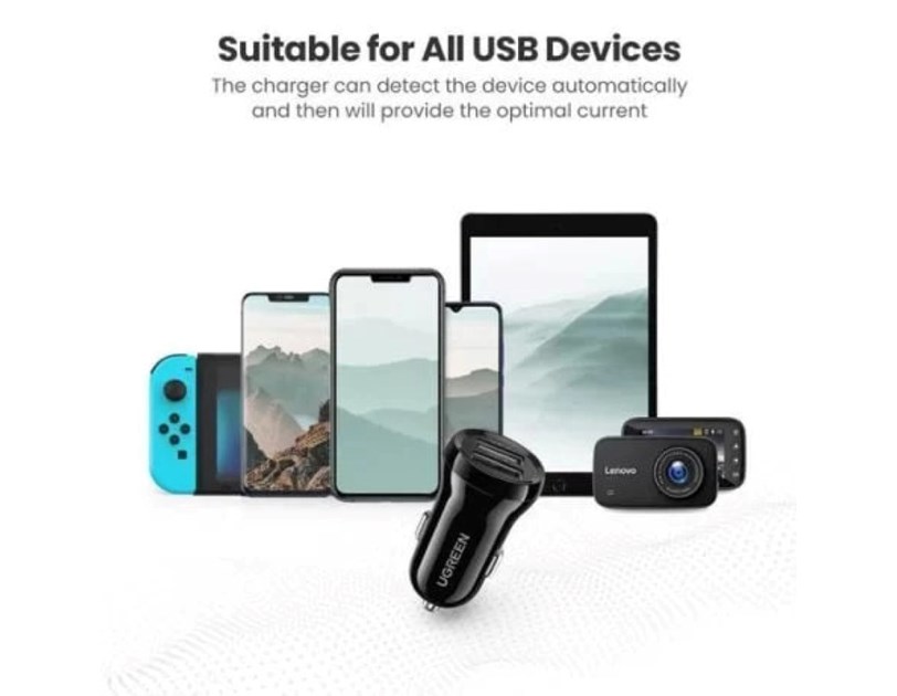 UGREEN auto punjač 24W, 2×USB-A, crni