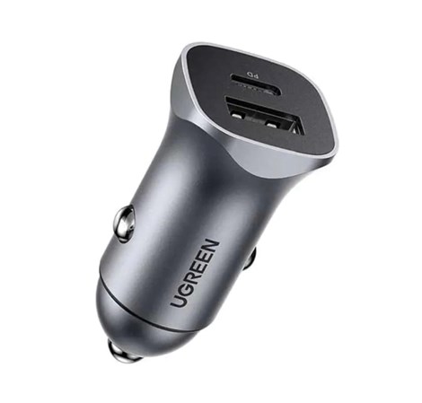 UGREEN auto punjač 30W, USB-C+USB-A, PD3.0/QC3.0, sivi