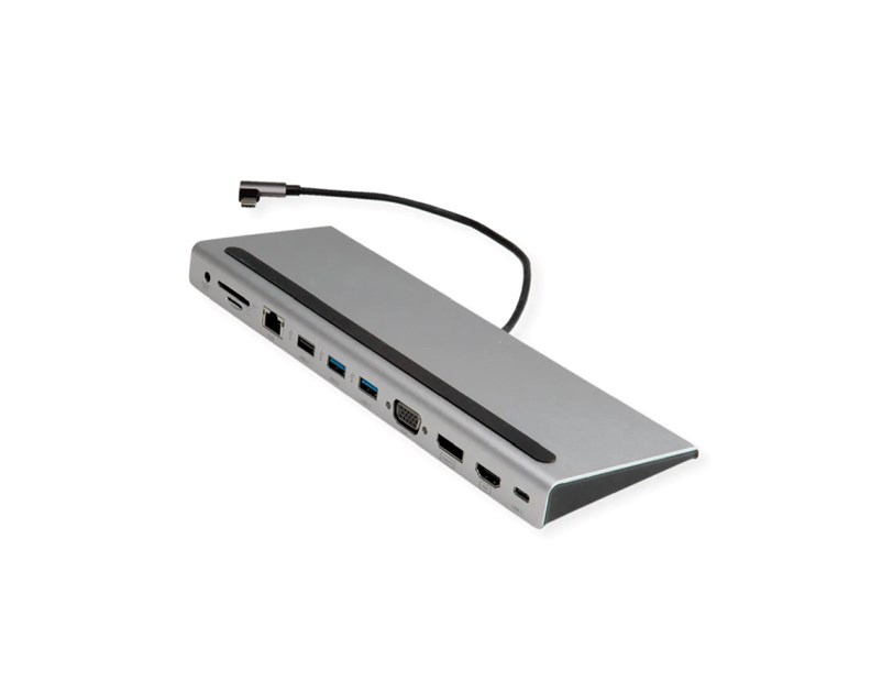 Roline USB-C Multiport Docking Station, 4K HDMI/DP, VGA, 2× USB3.2, 1× USB2.0, 1× SD/Micro SD čitač kartica, 1× USB-C PD, 1× G-LAN, 1×3.5mm