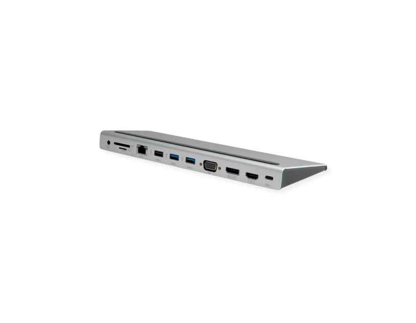 Roline USB-C Multiport Docking Station, 4K HDMI/DP, VGA, 2× USB3.2, 1× USB2.0, 1× SD/Micro SD čitač kartica, 1× USB-C PD, 1× G-LAN, 1×3.5mm