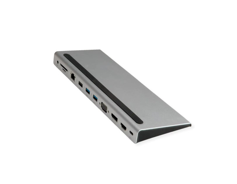 Roline USB-C Multiport Docking Station, 4K HDMI/DP, VGA, 2× USB3.2, 1× USB2.0, 1× SD/Micro SD čitač kartica, 1× USB-C PD, 1× G-LAN, 1×3.5mm