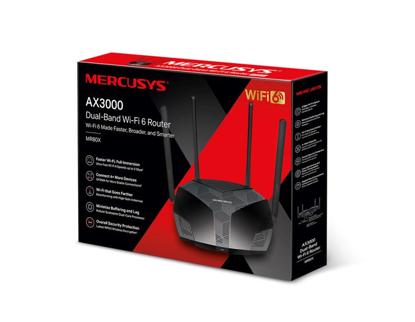 Mercusys MR80X AX3000 bežični usmjerivač (Dual-Band WiFi 6 Router) 574Mbps/2402Mbps (2.4GHz/5GHz), 802.11ax/ac/a/b/g/n, 3×G-LAN, 1×G-WAN, 4×5 dBi fiksne omni-direkcione antene
