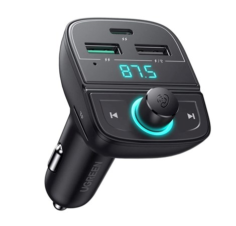 UGREEN FM transmiter za auto LED zaslon, Bluetooth, TF kartica 128 GB, USB-C, 2x USB, Quick charge 3.0, crni