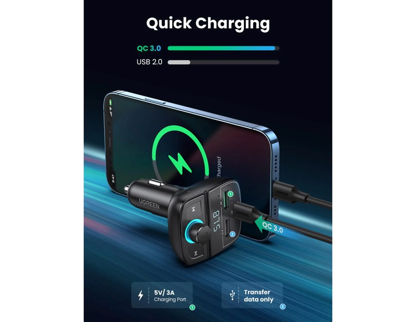 UGREEN FM transmiter za auto LED zaslon, Bluetooth, TF kartica 128 GB, USB-C, 2x USB, Quick charge 3.0, crni