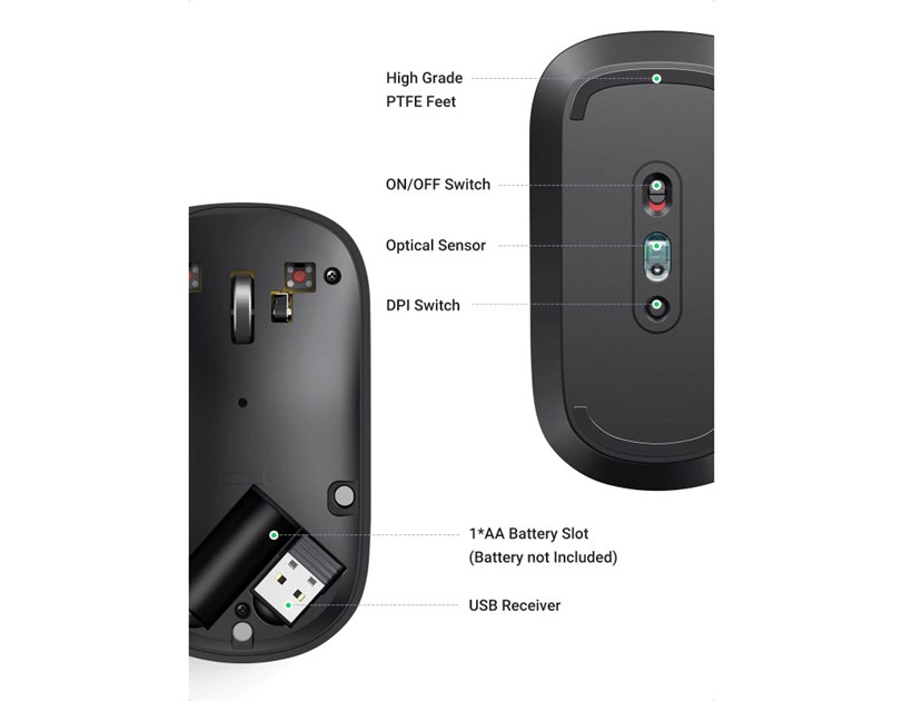 UGREEN SILENT bežični miš, 4000 DPI, USB, sivi