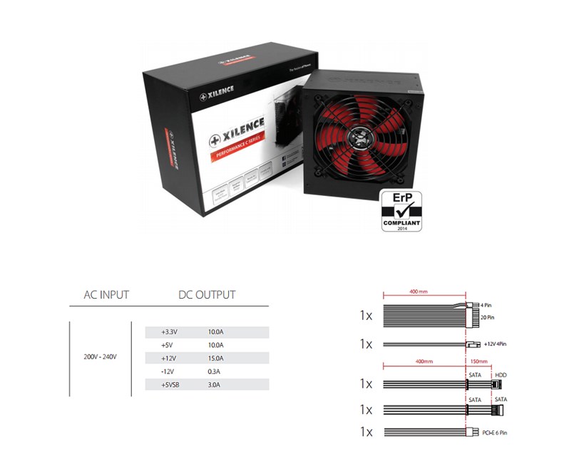 Xilence 400W Performance C, ATX 2.3.1, aktivan PFC, 1×PCIe, 3×SATA, 20+4-pina, 120mm ventilator, crno