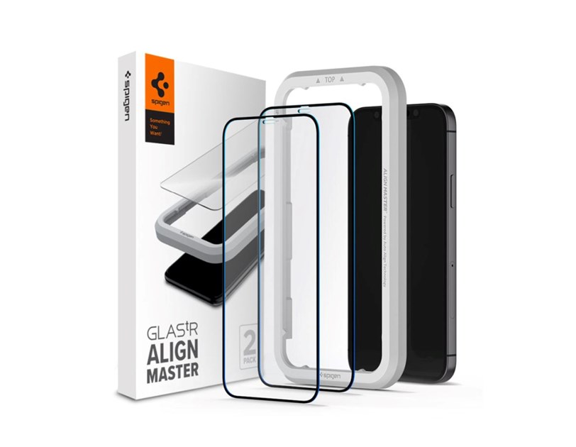 Spigen Glas tR ALM FC Black, zaštitno staklo za ekran telefona, 2 kom + okvir za instalaciju - iPhone 12 Pro Max