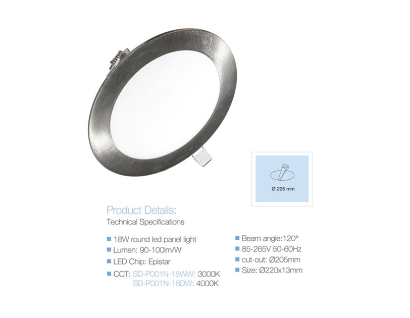 LED plafonijera 18W, 90-100lm/W, 4000K, IP20, inox
