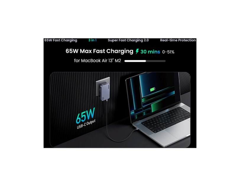 UGREEN Nexode Pro Ultra-Slim zidni punjač 65W, 2x USB-C, USB-A, GaNInfinity, sivi