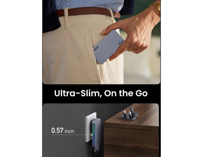 UGREEN Nexode Pro Ultra-Slim zidni punjač 65W, 2x USB-C, USB-A, GaNInfinity, sivi
