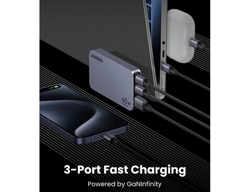 UGREEN Nexode Pro Ultra-Slim zidni punjač 65W, 2x USB-C, USB-A, GaNInfinity, sivi