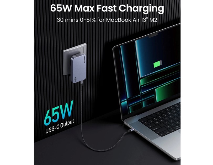 UGREEN Nexode Pro Ultra-Slim zidni punjač 65W, 2x USB-C, USB-A, GaNInfinity, sivi