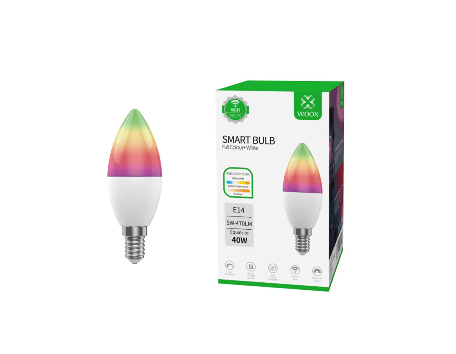 WOOX WiFi Smart LED RGB+CCT žarulja E14, 5W, 470lm, 2700K-6500K dimabilna, WooxHome app, glasovna kontrola - Alexa & Google Assistant (R9075)