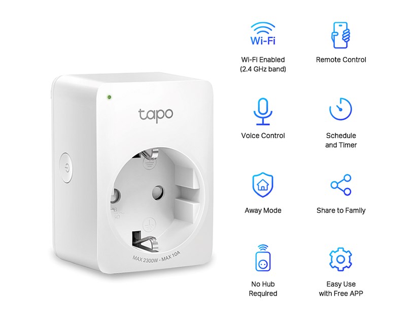 TP-Link Tapo Smart WiFi Plug, 2.4GHz, 802.11b/g/n, BT4.2, Tapo app, kontrola potrošnje energije, Timer/Schedule postavke, Glasovna kotrola Amazon Alexa/Google Assistant