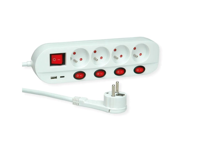 Roline naponska letva, 4 utičnice sa individualnim prekidačima, 1×USB A/1×USB C, 1.5m