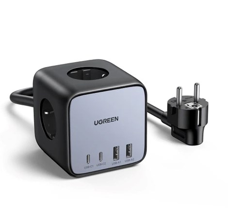 UGREEN DigiNest Cube, univerzalni punjač, 65W, 3x ŠUKO utičnica, 2x USB-C, 2x USB-A, 1.8m, crno sivi