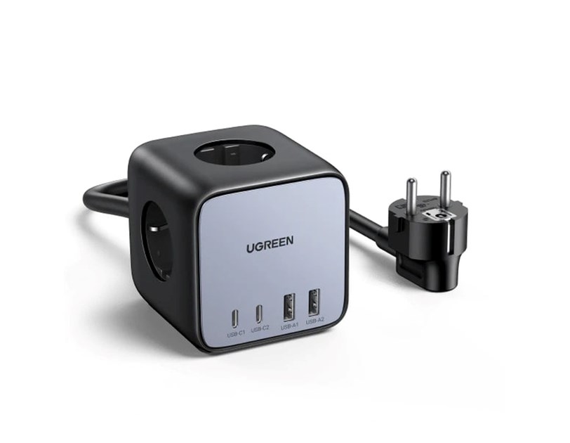 UGREEN DigiNest Cube, univerzalni punjač, 65W, 3x ŠUKO utičnica, 2x USB-C, 2x USB-A, 1.8m, crno sivi