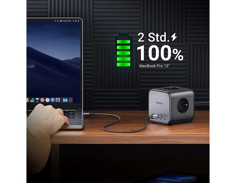 UGREEN DigiNest Cube, univerzalni punjač, 65W, 3x ŠUKO utičnica, 2x USB-C, 2x USB-A, 1.8m, crno sivi
