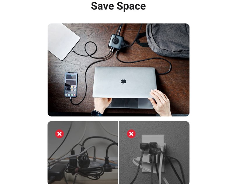 UGREEN DigiNest Cube, univerzalni punjač, 65W, 3x ŠUKO utičnica, 2x USB-C, 2x USB-A, 1.8m, crno sivi
