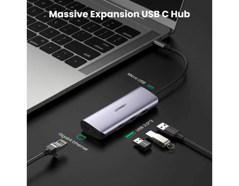UGREEN 4-portni USB-C HUB 3xUSB 3.0 A, 1xRJ45 + micro USB power port, sivi
