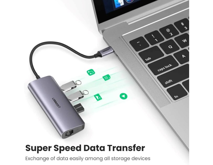 UGREEN 4-portni USB-C HUB 3xUSB 3.0 A, 1xRJ45 + micro USB power port, sivi