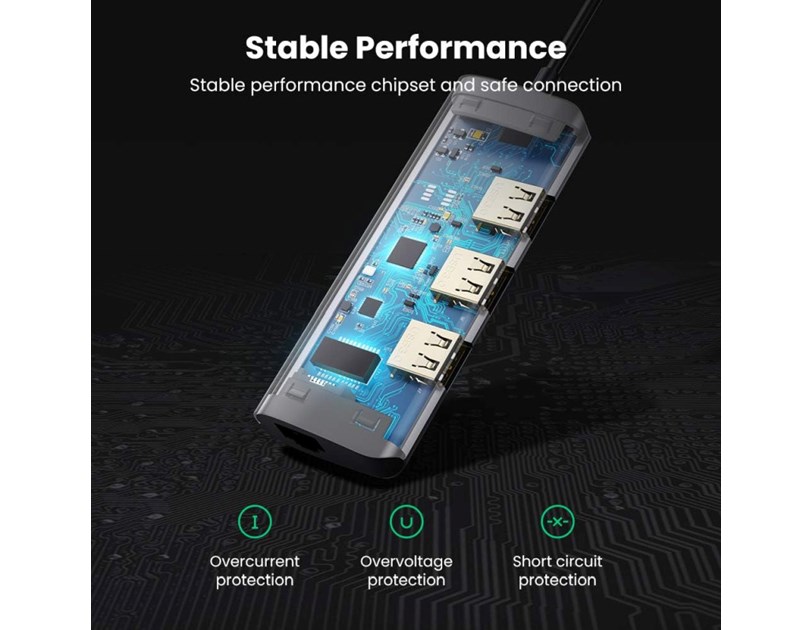 UGREEN 4-portni USB-C HUB 3xUSB 3.0 A, 1xRJ45 + micro USB power port, sivi