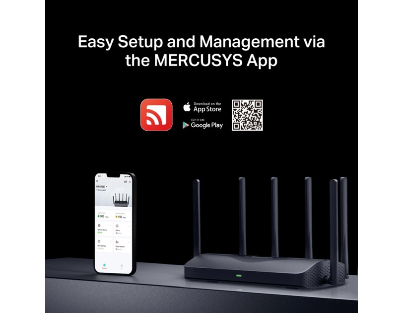 Mercusys BE9300 bežični usmjerivač (Tri-Band Wi-Fi 7 Router) 574Mbps/2880Mbps/5760Mbps (2.4GHz/5GHz/6GHz), 802.11be/ax/ac/a/b/g/n, 3×G-LAN, 1×G-WAN, 6x fiksne omni-direkcione antene