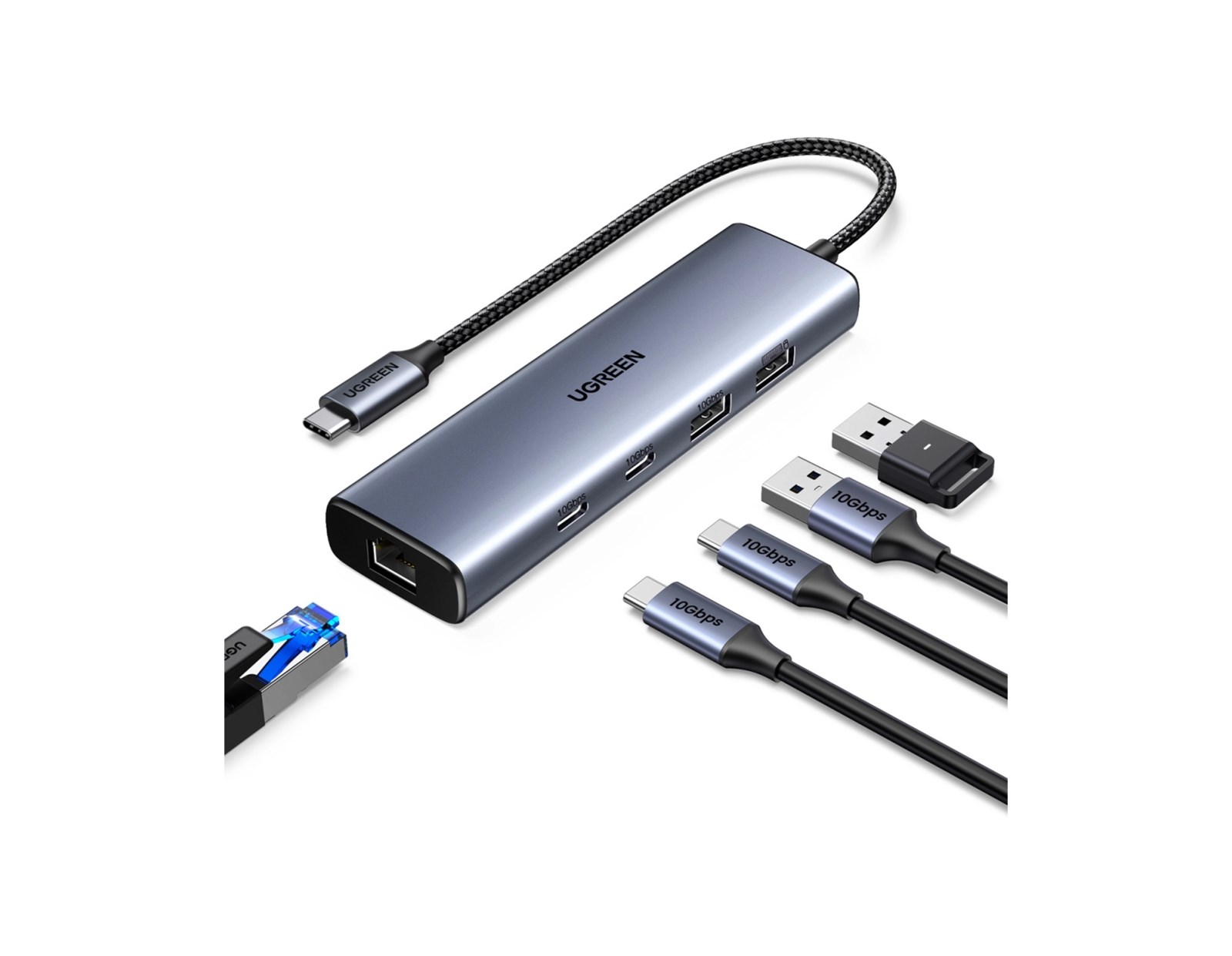UGREEN 6-portni USB-C HUB na 1xUSB-A 3.2, 2xUSB-C 3.2, 1xUSB-A 2.0, 1xUSB-C za napajanje, 1x RJ45 konektor, sivi