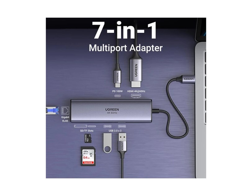 UGREEN 7-portni USB-C HUB na 2xUSB-A 3.2, 2xUSB-C 3.2, 1xUSB-C za napajanje, 2x HDMI 60 Hz, 1x RJ45 Ethernet konektor, sivi