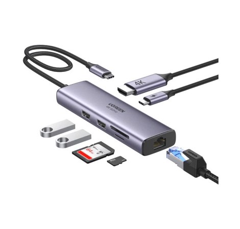 UGREEN 7-portni USB-C HUB na 2xUSB-A 3.2, 2xUSB-C 3.2, 1xUSB-C za napajanje, 2x HDMI 60 Hz, 1x RJ45 Ethernet konektor, sivi