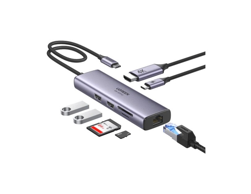 UGREEN 7-portni USB-C HUB na 2xUSB-A 3.2, 2xUSB-C 3.2, 1xUSB-C za napajanje, 2x HDMI 60 Hz, 1x RJ45 Ethernet konektor, sivi