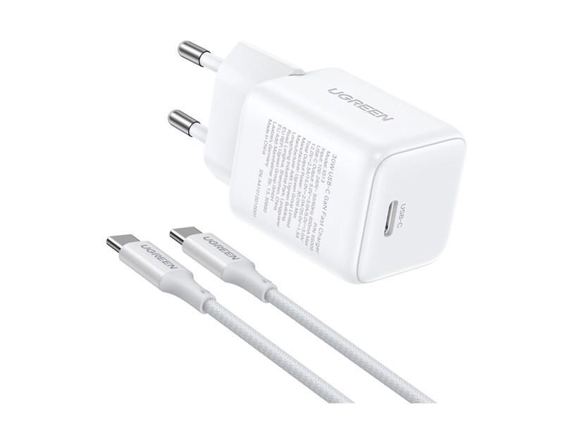 UGREEN zidni punjač 30W, USB-C, GaN, set, bijelii