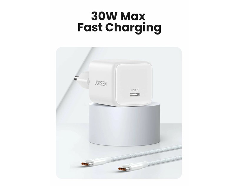 UGREEN zidni punjač 30W, USB-C, GaN, set, bijelii
