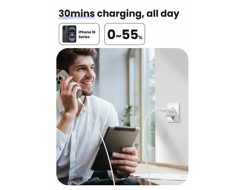 UGREEN zidni punjač 30W, USB-C, GaN, set, bijelii