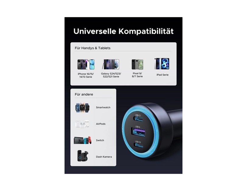 UGREEN auto punjač 30W s 3 ulaza, 2x USB-C, USB-A, PD3.0/QC3.0, sivi